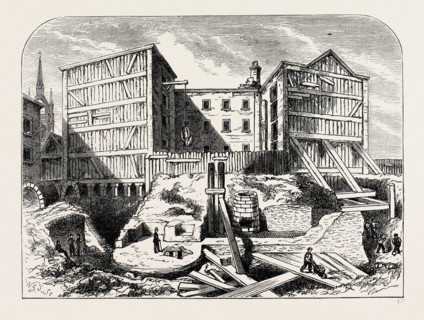 ROMAN REMAINS FOUND IN BILLINGSGATE. London, UK, 19th century engraving