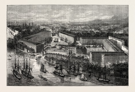 ST. KATHERINE'S DOCKS. London, UK, 19th century engraving