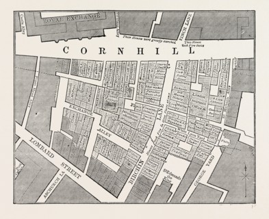 Map showing the extent of the Great Fire in Cornhill in 1748, London, UK, 19th century engraving