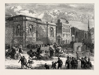 FRONT OF NEWGATE FROM THE OLD BAILEY. London, UK, 19th century engraving