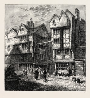 OLD HOUSES FORMERLY STANDING IN BUTCHER'S ROW, 1800, London, UK, 19th century engraving