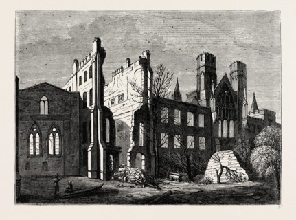 THE HOUSES OF PARLIAMENT AFTER THE FIRE, IN 1834. London, UK, 19th century engraving