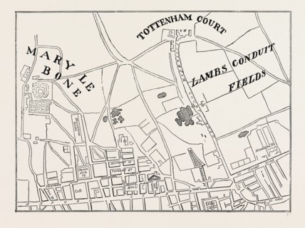 Map of Rathbone Place and neighbourhood, 1746, London, UK, 19th century engraving