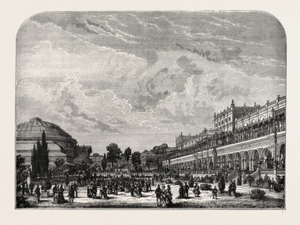 THE HORTICULTURAL GARDENS AND EXHIBITION BUILDING. London, UK, 19th century engraving