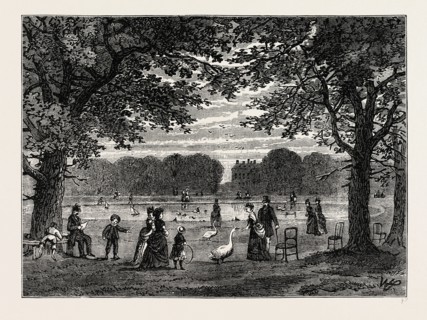 THE ROUND POND, KENSINGTON GARDENS. London, UK, 19th century engraving