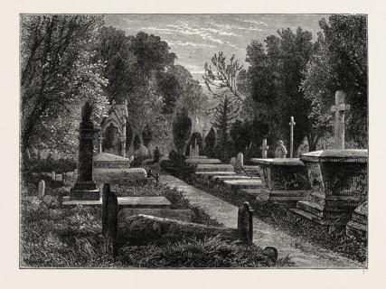 KENSAL GREEN CEMETERY. London, UK, 19th century engraving