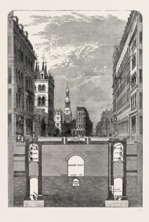 SECTION OF THE HOLBORN VIADUCT, SHOWING THE SUBWAYS. London, UK, 19th century engraving