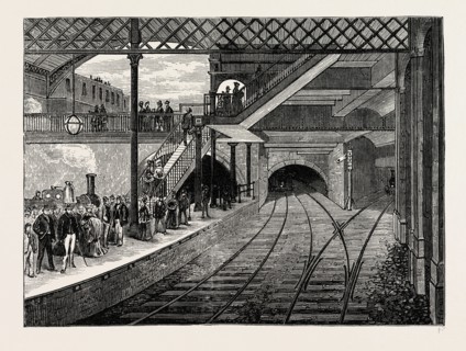 KING'S CROSS UNDERGROUND STATION IN 1868. London, UK, 19th century engraving