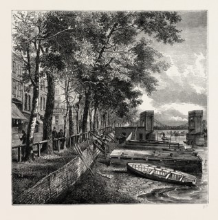 CHEYNE WALK AND CADOGAN PIER. London, UK, 19th century engraving