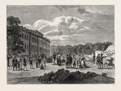 ENCAMPMENT IN THE GARDENS OF MONTAGU HOUSE, 1780. London, UK, 19th century engraving