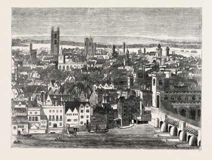 THE NEIGHBOURHOOD OF LONDON BRIDGE. From Hollar's View. London, UK, 19th century engraving