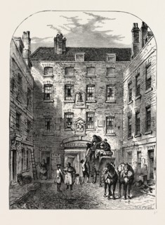 OUTER COURT OF LA BELLE SAUVAGE IN 1828  London, UK, 19th century engraving