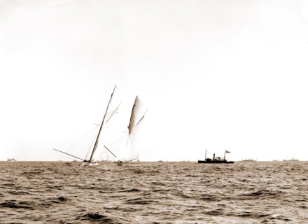 Columbia driving by the Shamrock I, Columbia (Sloop), Shamrock I (Yacht), America's Cup races,