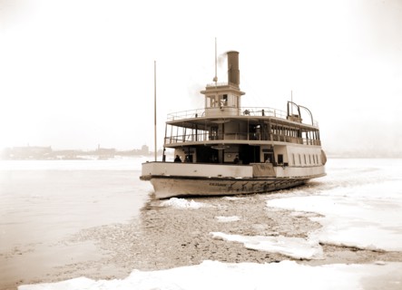 Detroit River ferry boat in ice, Excelsior (Ferry boat), Ice, Ferries, Rivers, United States,