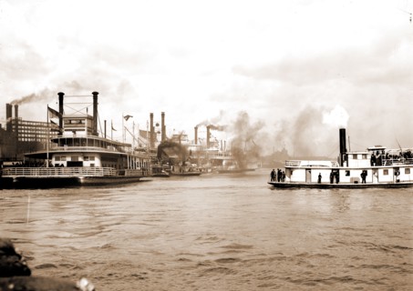 Steamboats along the levee, New Orleans, Rivers, Steamboats, Levees, United States, Mississippi