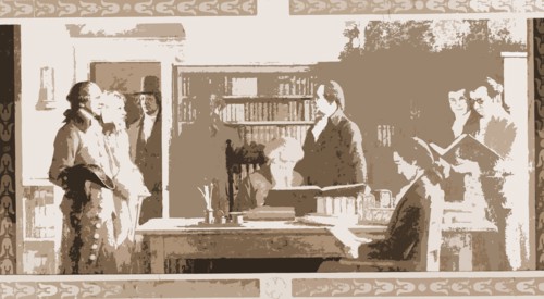 Benjamin Franklin opening first subscription library in Philadelphia, Mills, Charles E, Franklin,