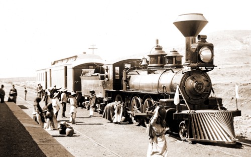 Mexican Central Railway train at station, Mexico, Jackson, William Henry, 1843-1942, Railroad