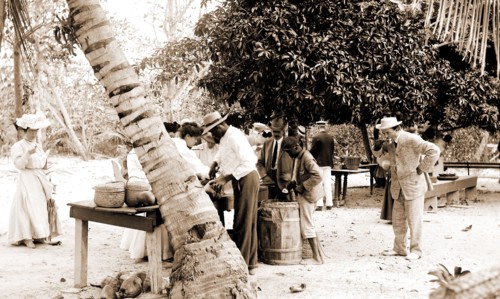 Tourists buying coconuts and fruit from vendor, probably Nassau, Bahamas, Food vendors, Tourists,