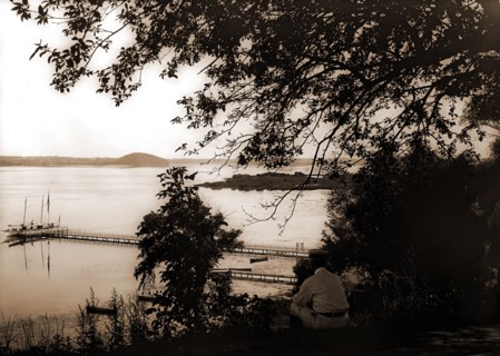 Lakefront with steam yachts at pier, Saratoga Lake, Saratoga, N.Y, Lakes & ponds, Piers & wharves,