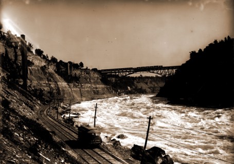 Niagara Gorge with Michigan Central Cantilever Bridge and Whirlpool Rapids Bridge, New York,