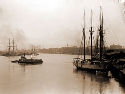 Savannah River from steamship wharf, Savannah, Ga, Piers & wharves, Ships, Rivers, United States,
