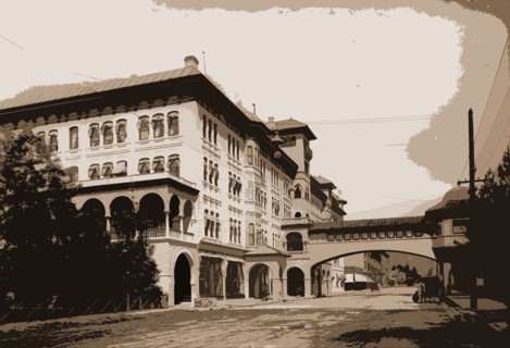Hotel Green from Raymond Street i.e. Avenue, Pasadena, Hotels, Arches, Streets, United States,