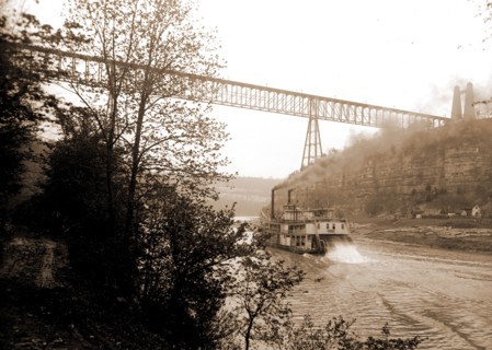 Str. Falls City passing High Bridge, Ky, Falls City (Stern wheeler), Stern wheelers, Railroad