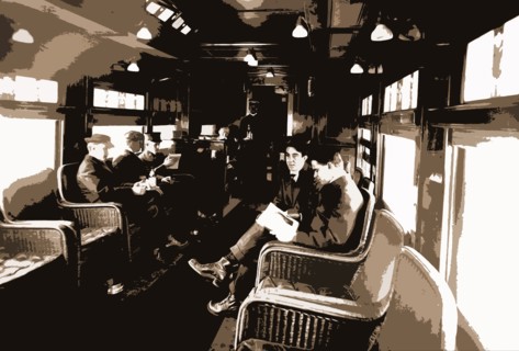 Buffet library car on a deluxe overland limited train, Railroad dining cars, Reading, Passengers,
