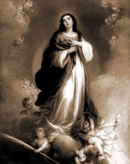 Saint, possibly Virgin Mary, standing on cloud surrounded by cherubs, Saints, Angels, 1900