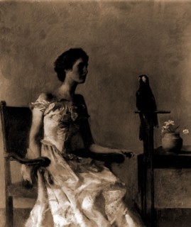 Lady sitting on chair next to parrot, Dewing, Thomas Wilmer, 1851-1938, Women, Parrots, 1900