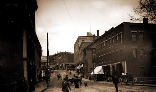 Main St. from near R.R. station, Brattleboro, Vt, Streets, Commercial facilities, United States,