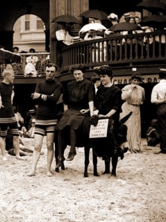 Man and women posed on donkey for photo at crowded beach, Atlantic City, N.J, Beaches, Donkeys,
