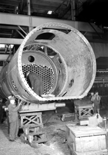 Eddystone, Pennsylvania - Railroad parts. Baldwin Locomotive Works. [Man at work.], 1936, Lewis