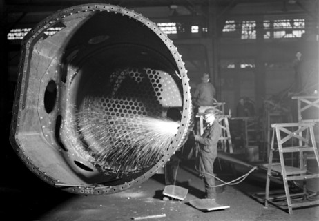 Eddystone, Pennsylvania - Railroad parts. Baldwin Locomotive Works. [Man at work.], 1936, Lewis