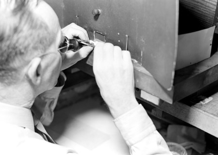 Lancaster, Pennsylvania - Hamilton Watches. Operation - truing balance wheels - a skilled machine