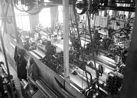 Paterson, New Jersey - Textiles. Idle quilling machines and looms in a cockroach shop, March 1937,