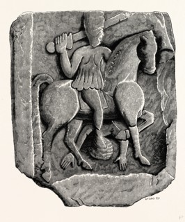 Roman Sculptured Stone from Kirkby Thore, UK, England, engraving 1870s, Britain
