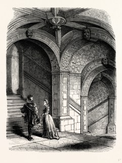 The Ancient Stone Staircase, Burleigh House, UK, England, engraving 1870s, Britain
