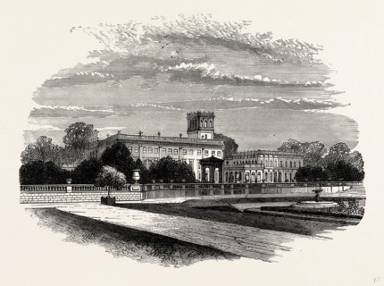 The South Front, with Grecian Tempe, Trentham, UK, England, engraving 1870s, Britain