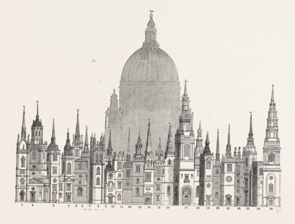 Parallel principal Towers Steeples built Sir Christopher Wren, London, England, engraving 19th