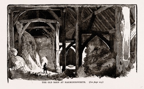 The old barn at Harmondsworth, UK, engraving 1881 - 1884