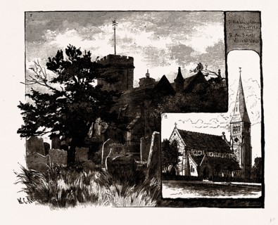 CHURCHES AT WOODFORD, UK, engraving 1881 - 1884