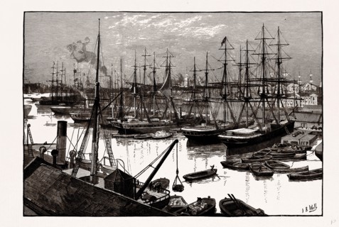 West India Docks, UK, Isles of Dogs, London, engraving 1881 - 1884