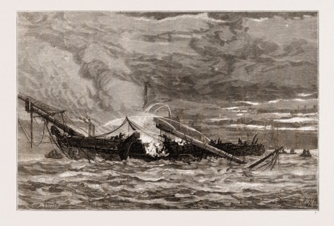 THE BURNING OF THE TRAINING SHIP "WARSPITE" OFF WOOLWICH, UK, 1876: SKETCHED ON THE DAY OF THE