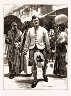 THE PRINCE OF WALES IN CEYLON, SRI LANKA, 1876: THE PRINCE'S HIGHLAND PIPER ASTONISHING THE KANDYAN
