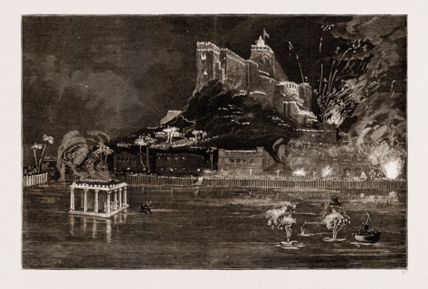 THE PRINCE OF WALES AT TRICHINOPOLY, 1876: THE "ROCK" ILLUMINATED, SEEN FROM THE PAVILION ERECTED