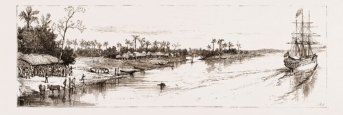 THE PRINCE OF WALES IN INDIA, 1876: GOING UP THE HOOGHLY: VILLAGERS OF OOLSOKERRIA TURNING OUT TO