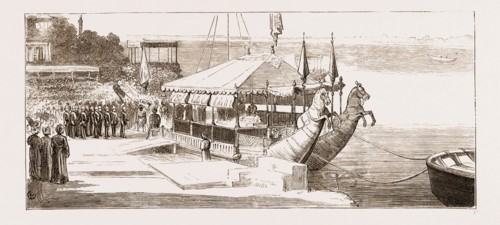 THE PRINCE OF WALES EMBARKING IN THE STATE BARGE TO VISIT THE RAJAH OF BENARES, INDIA, 1876