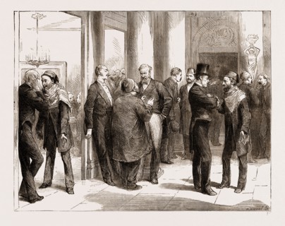 BETWEEN THE ACTS AT THE OPERA HOUSE: MERCHANTS AND BANKERS DISCUSSING THE PURCHASE, CAIRO, EGYPT,