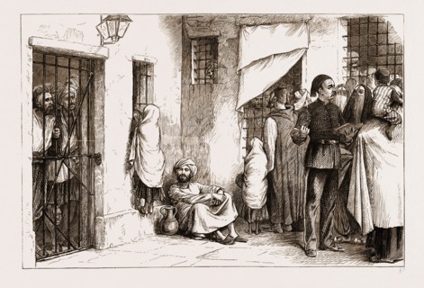 LIFE AT CAIRO, EGYPT, 1876: THE PRISON YARD: PRISONERS RECEIVING VISITS FROM THEIR RELATIONS